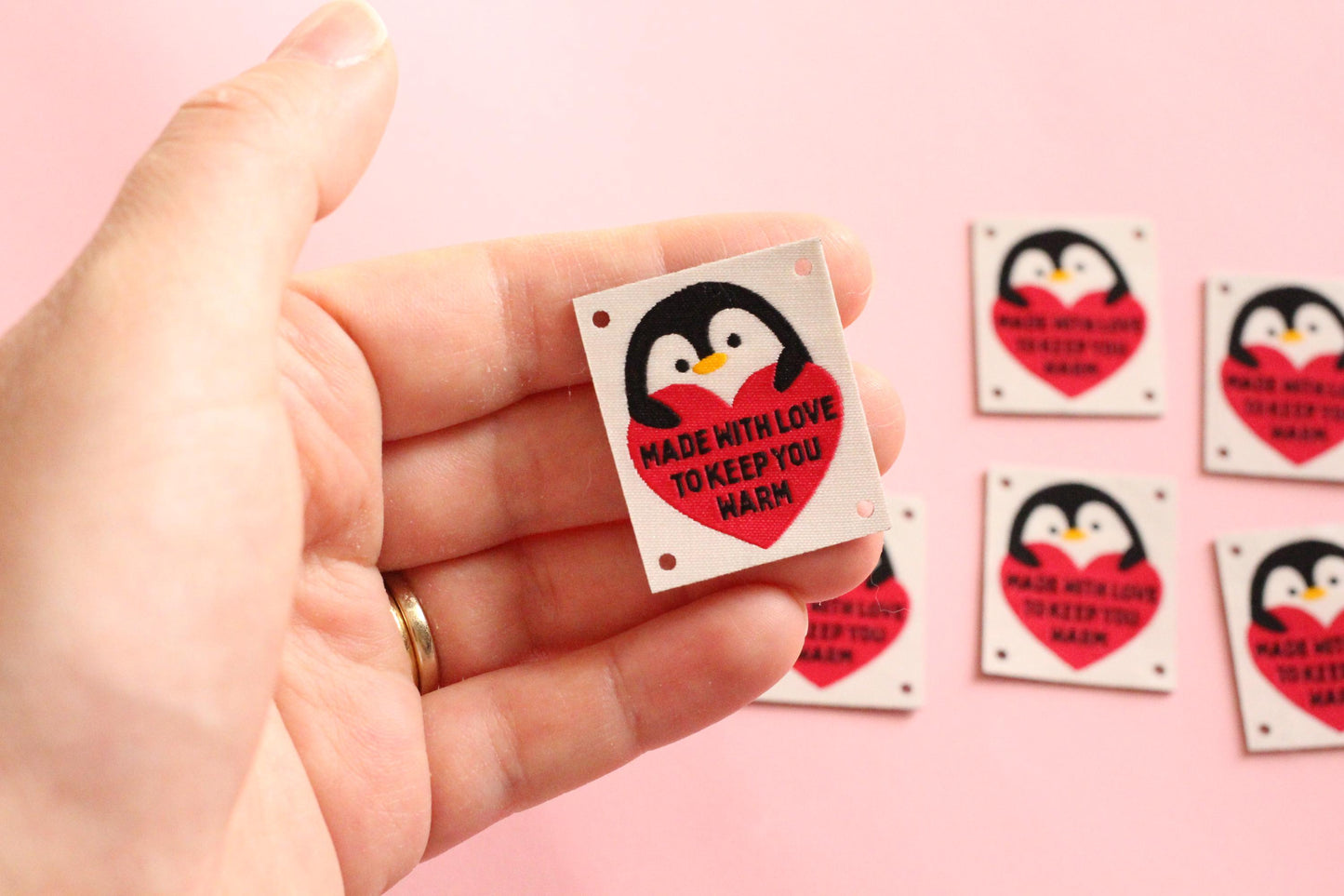 Woven KNITTING / CROCHET Labels – Pack of 5 “Made With Love To Keep You Warm” Interfaced Penguin Knitting Tags, Fabric Labels for Handmade - The Cosy Club Handmade