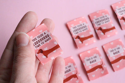 Woven Sewing Labels for Handmade Clothes – Pack of 6 Pink Sausage Dog Tags, “This Took A Long Time To Make” & “This Is the Back” - The Cosy Club Handmade