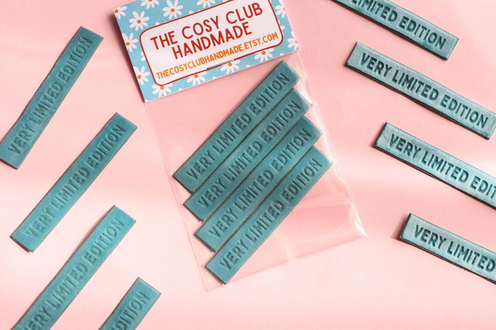 Velvet labels for handmade clothes | Pack of 4 teal velvet sewing labels "Very Limited Edition" | Soft velvet tags for handmade items - The Cosy Club Handmade
