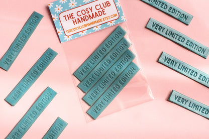 Velvet labels for handmade clothes | Pack of 4 teal velvet sewing labels "Very Limited Edition" | Soft velvet tags for handmade items - The Cosy Club Handmade