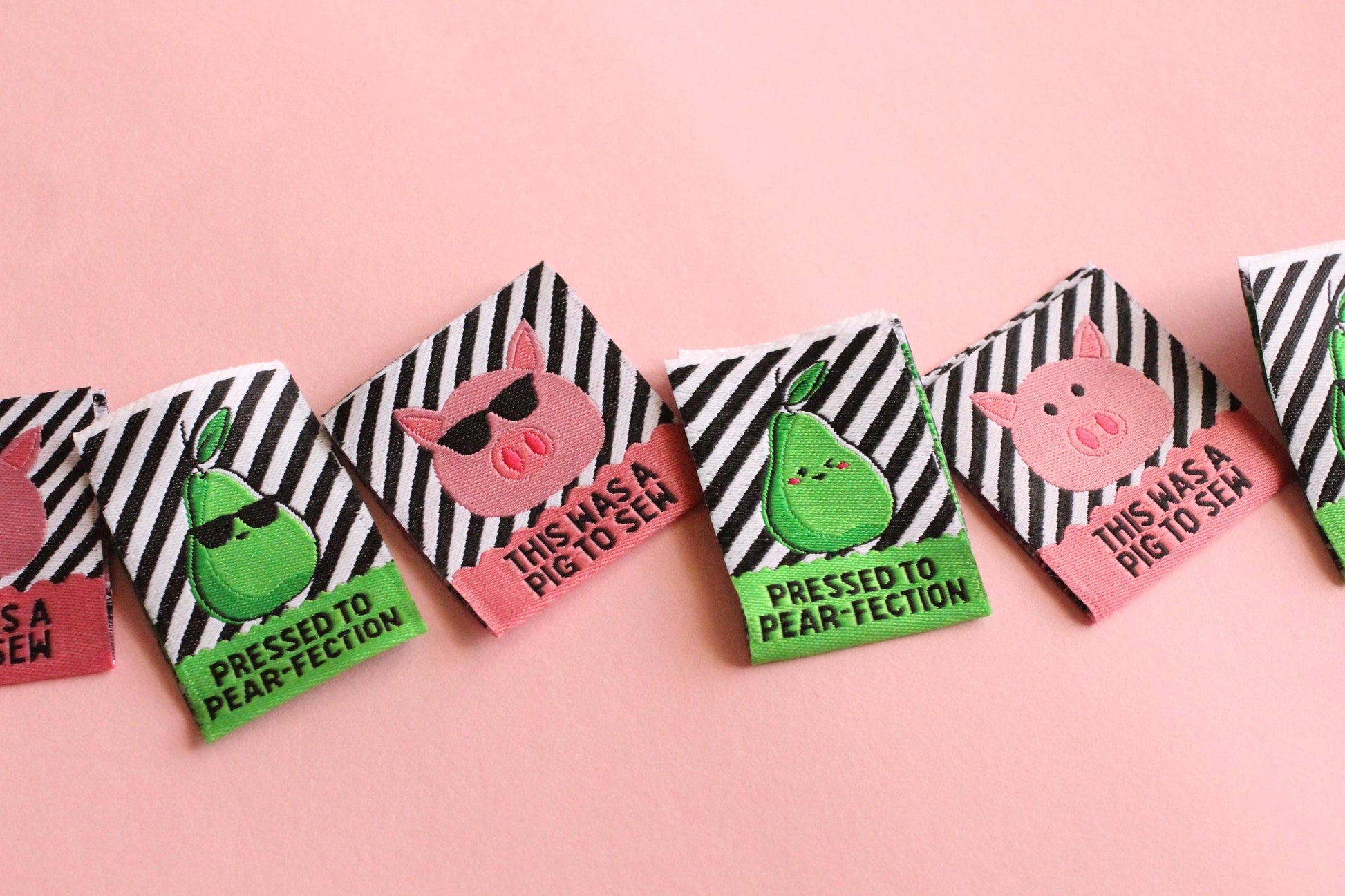 Double Sided Woven Sewing Labels | The Cosy Club Handmade x Adam Sews "Pressed to Pear-fection" "This was a Pig to Sew" Tags for Handmade - The Cosy Club Handmade