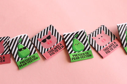 Double Sided Woven Sewing Labels | The Cosy Club Handmade x Adam Sews "Pressed to Pear-fection" "This was a Pig to Sew" Tags for Handmade - The Cosy Club Handmade