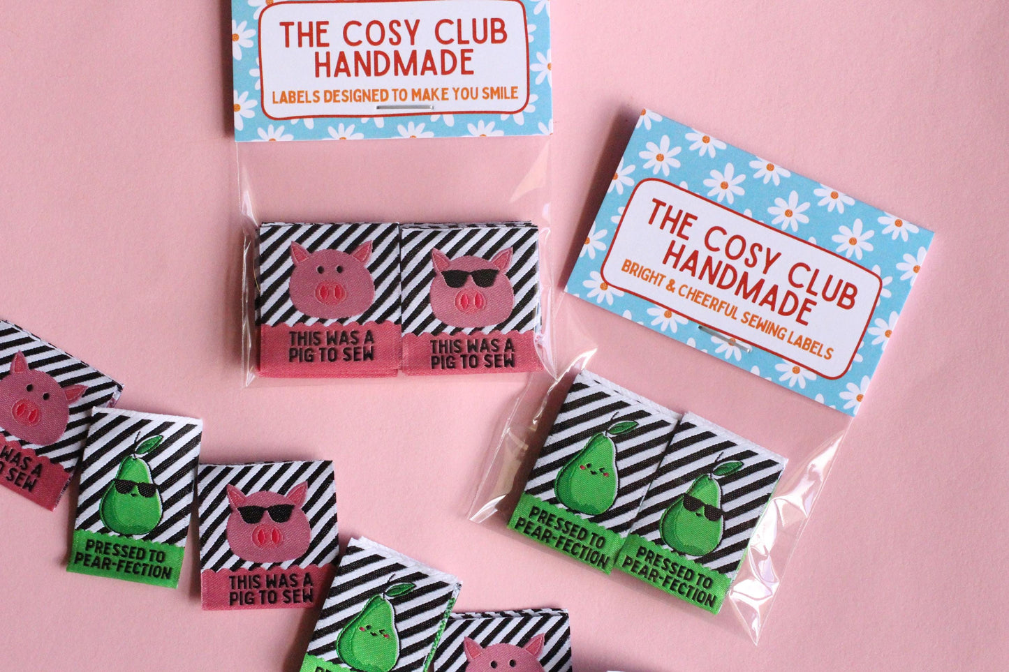 Double Sided Woven Sewing Labels | The Cosy Club Handmade x Adam Sews "Pressed to Pear-fection" "This was a Pig to Sew" Tags for Handmade - The Cosy Club Handmade