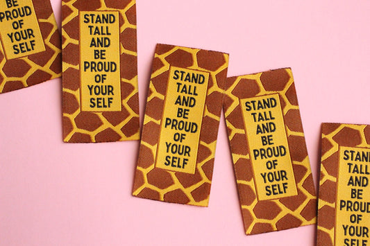 Giraffe Woven Sewing Labels – Pack of 5 “Stand Tall and Be Proud of Yourself” Tags, Fun Clothing Labels for Handmade Clothes, Quilting - The Cosy Club Handmade