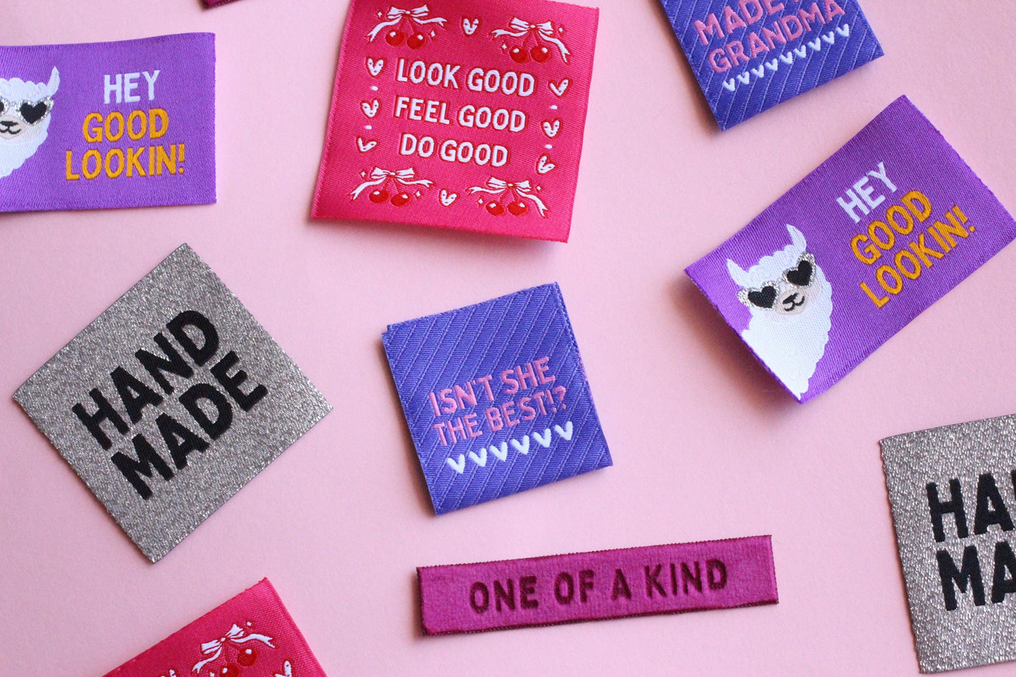Pink Woven Sewing Labels – Pack of 5 Coquette Bow Cherry “Feel Good Look Good Do Good” Tags, Fun Clothing Labels for Handmade Projects - The Cosy Club Handmade