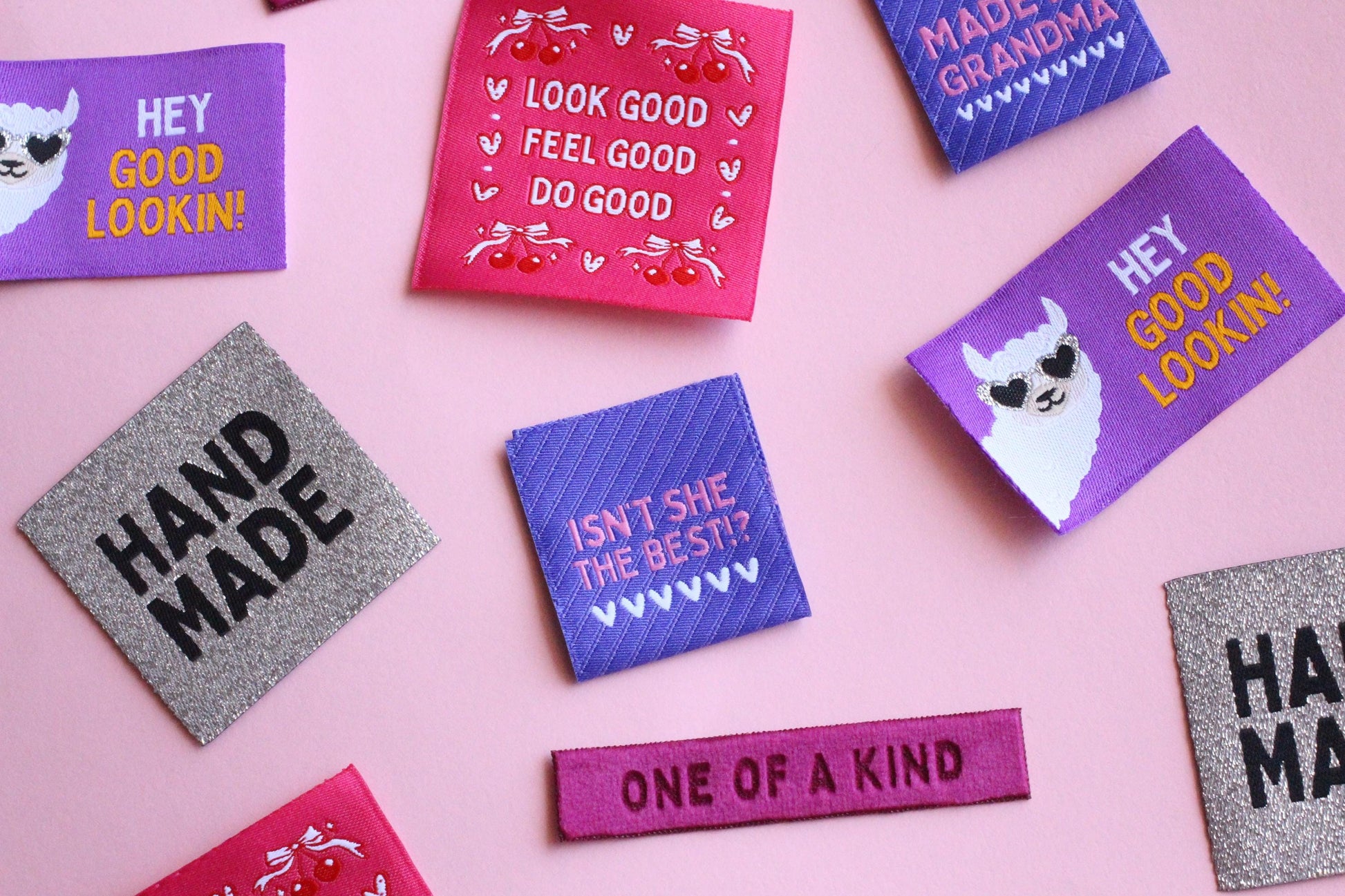 Pink Woven Sewing Labels – Pack of 5 Coquette Bow Cherry “Feel Good Look Good Do Good” Tags, Fun Clothing Labels for Handmade Projects - The Cosy Club Handmade